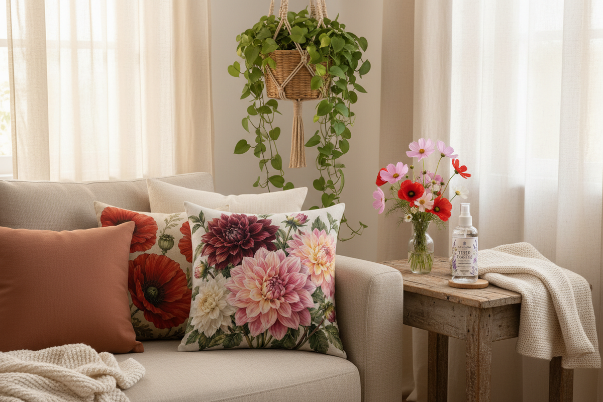 A natural linen sofa styled with Diamond Field Blooms poppy and dahlia print scatter cushions, a macramé plant hanger, fresh cosmos and poppies in a glass vase, and a Lavender Linen Mist bottle on a timber side table in warm afternoon light