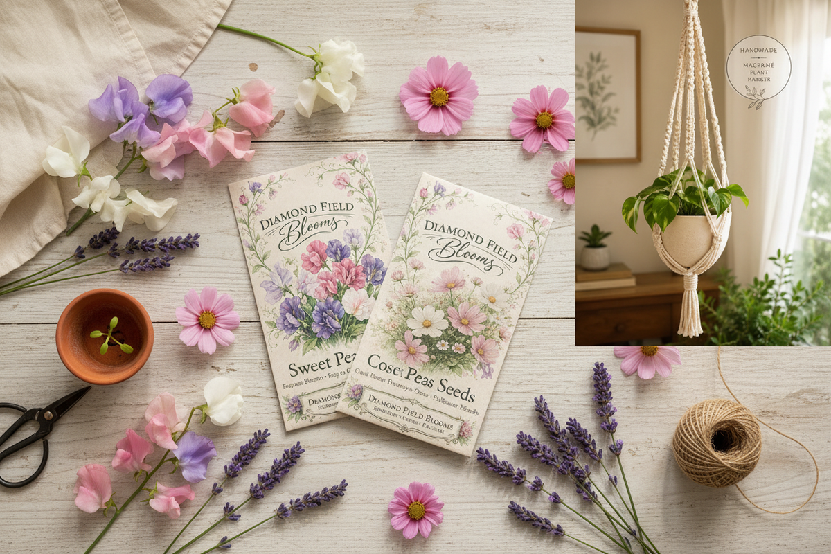 Diamond Field Blooms Sweet Pea and Cosmos seed packets flat lay with cottage garden blooms, lavender sprigs, garden twine and scissors on a wooden surface with a macramé plant hanger in the background