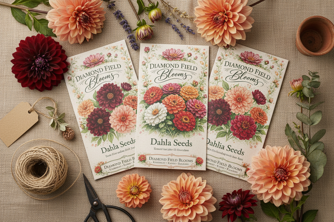 Diamond Field Blooms dahlia seed packet flat lay with burgundy, coral and peach dahlia blooms on natural linen — how to grow dahlias from seed South Africa