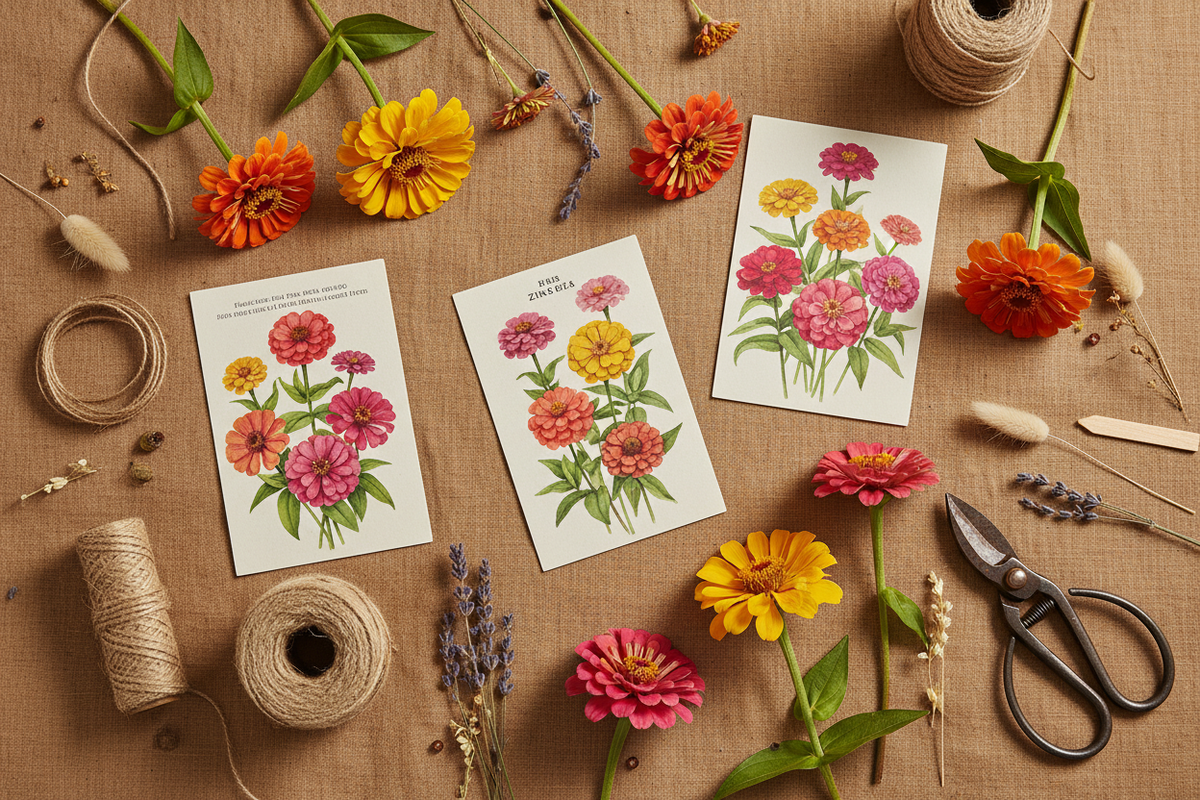 Diamond Field Blooms zinnia seed packet flat lay with mixed colour zinnia blooms in coral, orange and magenta on linen — how to grow zinnias from seed South Africa