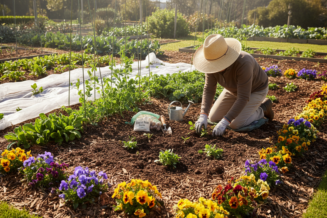 A South African winter garden in July with cool-season seedlings, pansies in bloom, mulched beds, and crisp winter light