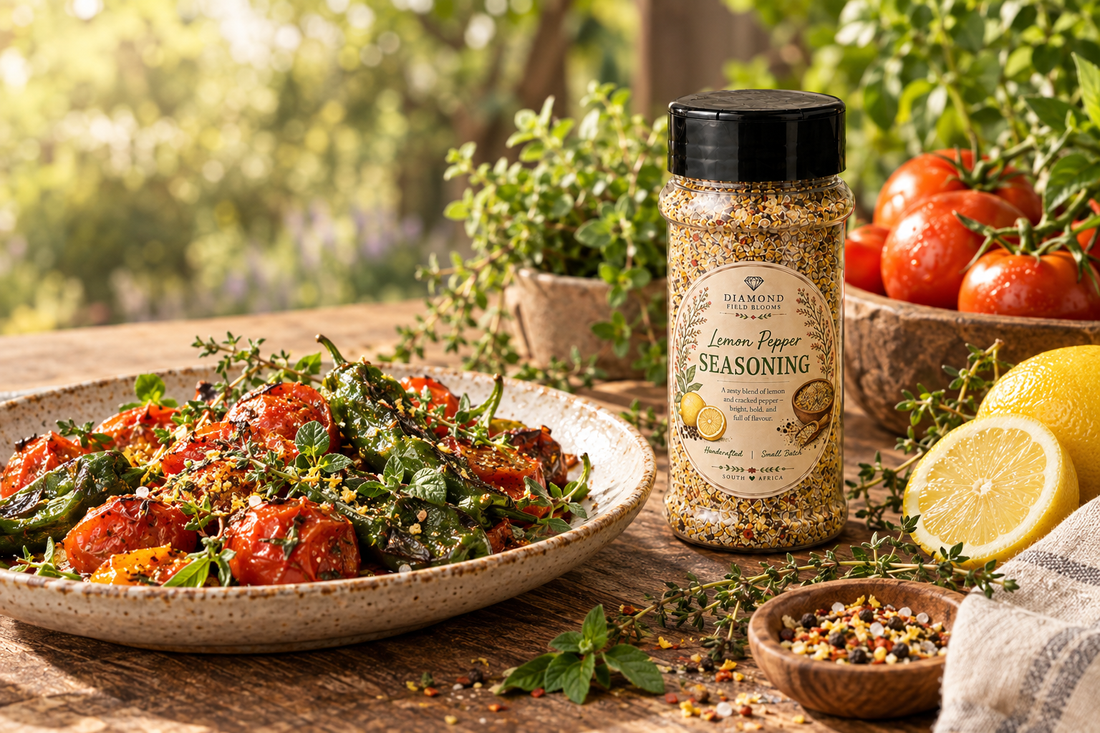 Lemon Pepper Seasoning beside roasted tomatoes and green peppers, fresh herbs and a cut lemon on a kitchen table.