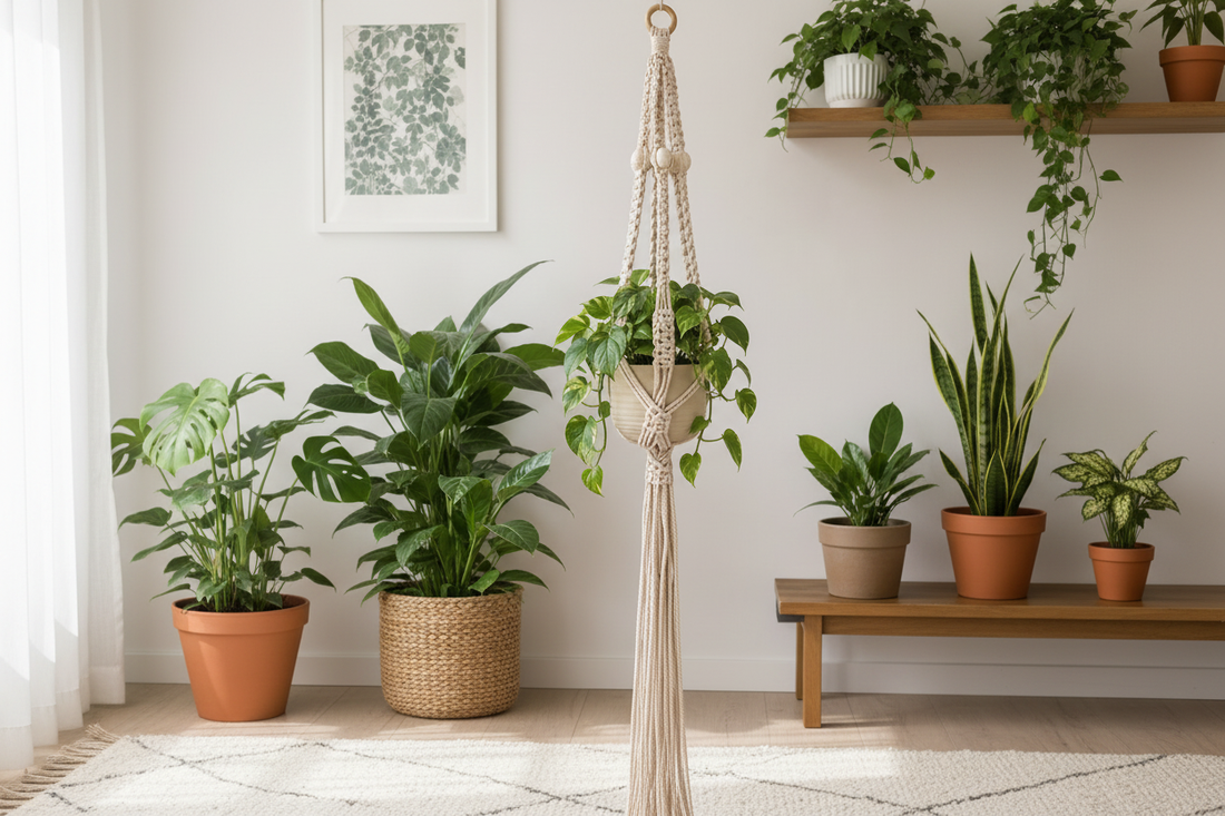 Handcrafted macramé pot plant hanger with clay bead detail holding a trailing pothos plant in a bright, minimal living room