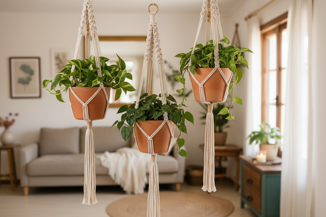 Diamond Field Blooms spiral, clay bead and geometric macramé plant hangers styled with trailing indoor plants in terracotta pots — boho indoor plant styling South Africa