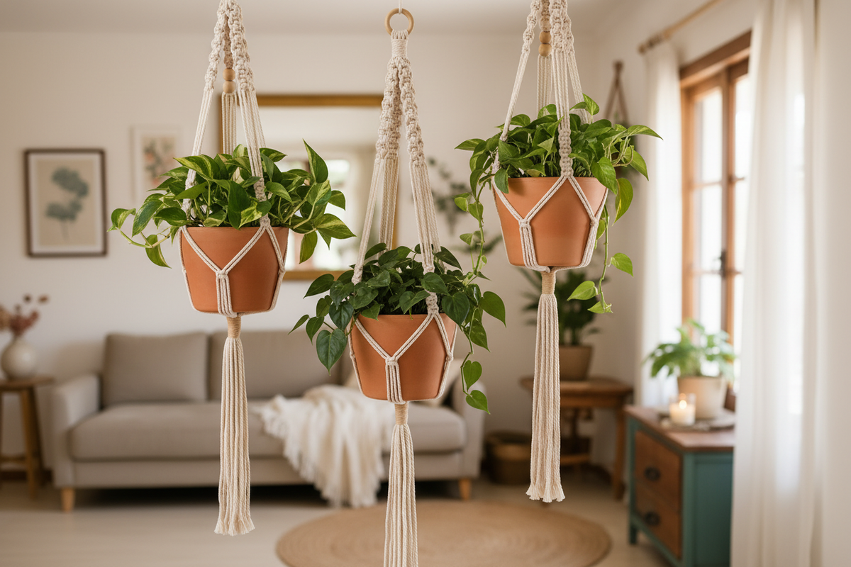 Diamond Field Blooms spiral, clay bead and geometric macramé plant hangers styled with trailing indoor plants in terracotta pots — boho indoor plant styling South Africa