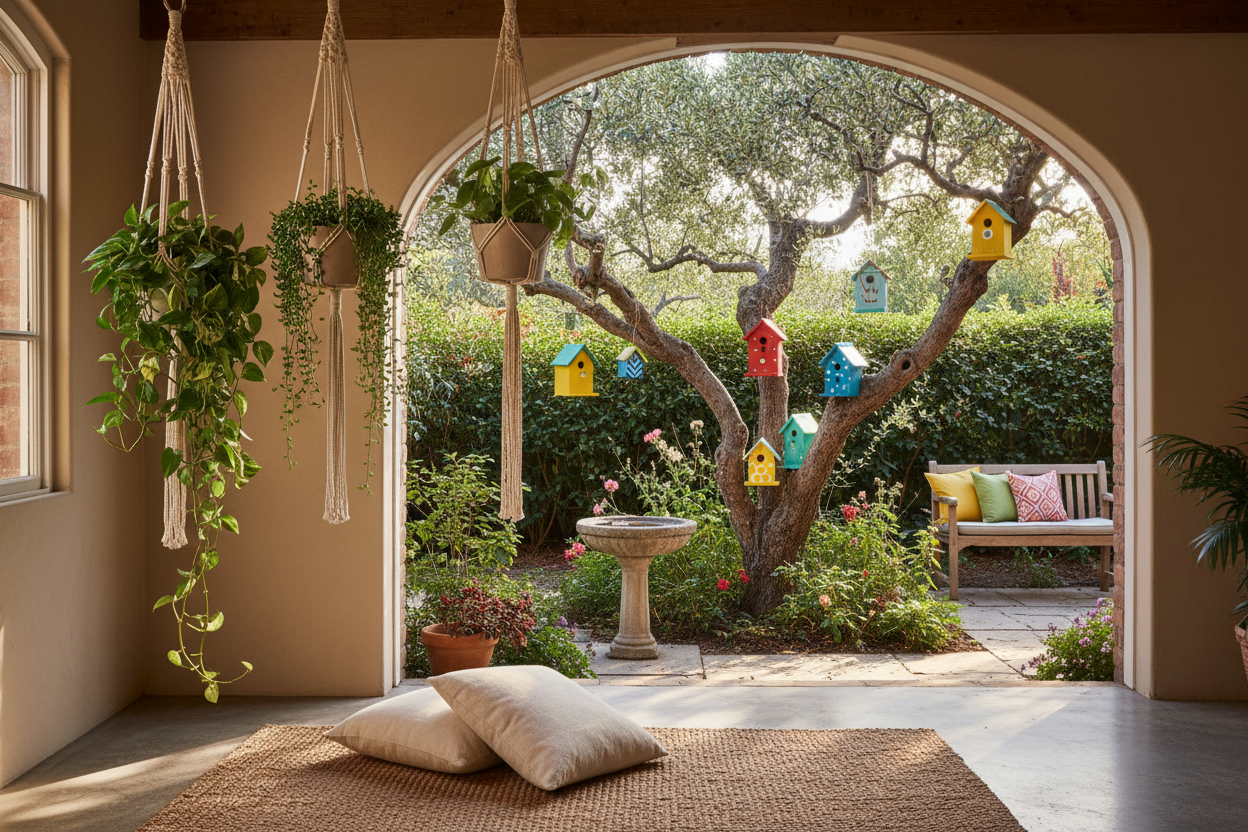 Macrame plant hangers with lush green plants and bright colourful bird houses in a sunlit garden setting - Diamond Field Blooms