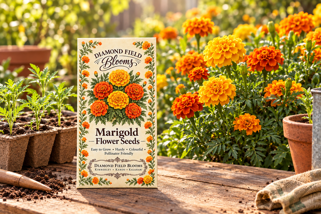 Marigold seed packet beside a sowing tray and young seedlings, with orange and gold marigolds flowering in the garden behind