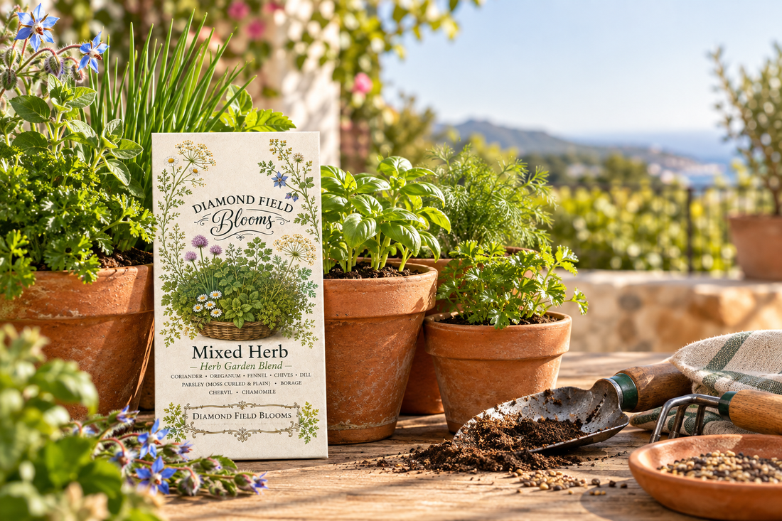 Mixed herb seedlings growing in pots beside Diamond Field Blooms Mixed Herb Seeds packets, fresh herbs, and blue borage flowers on a sunny patio.