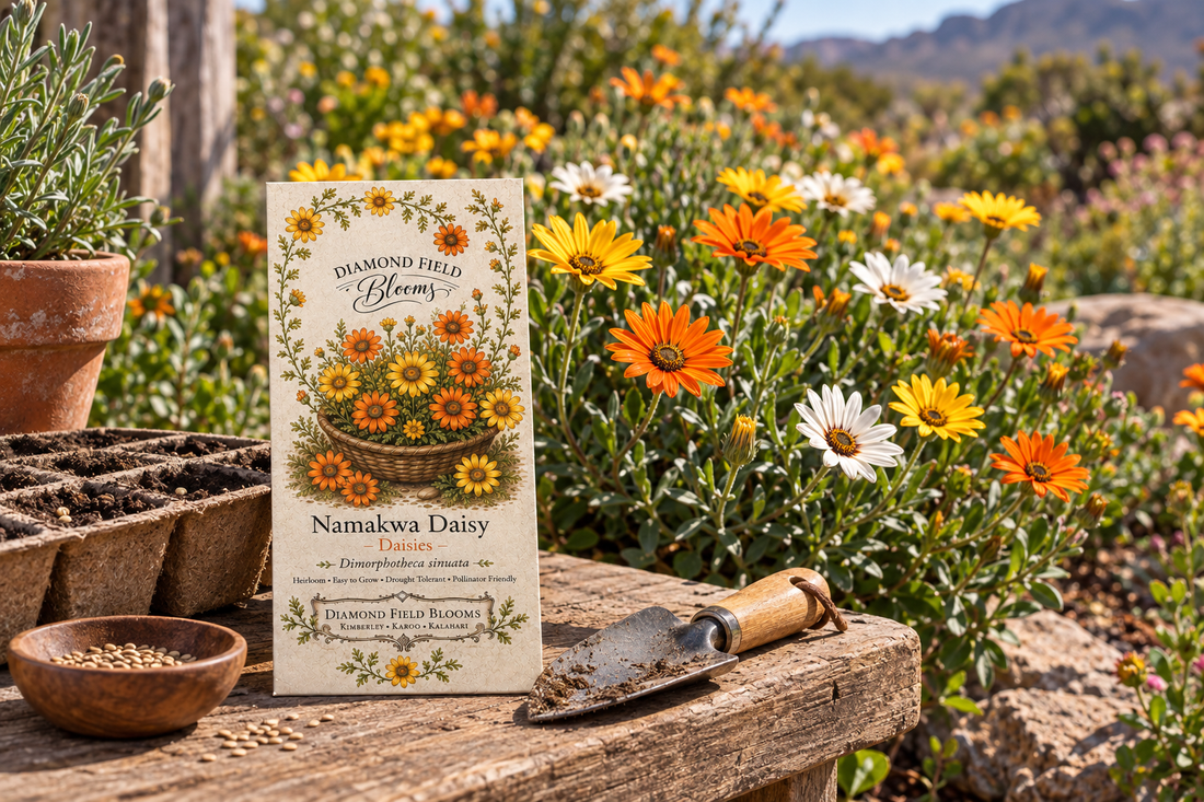 Namakwa Daisy Seeds packet beside a sowing tray, with flowering daisies in the garden behind.