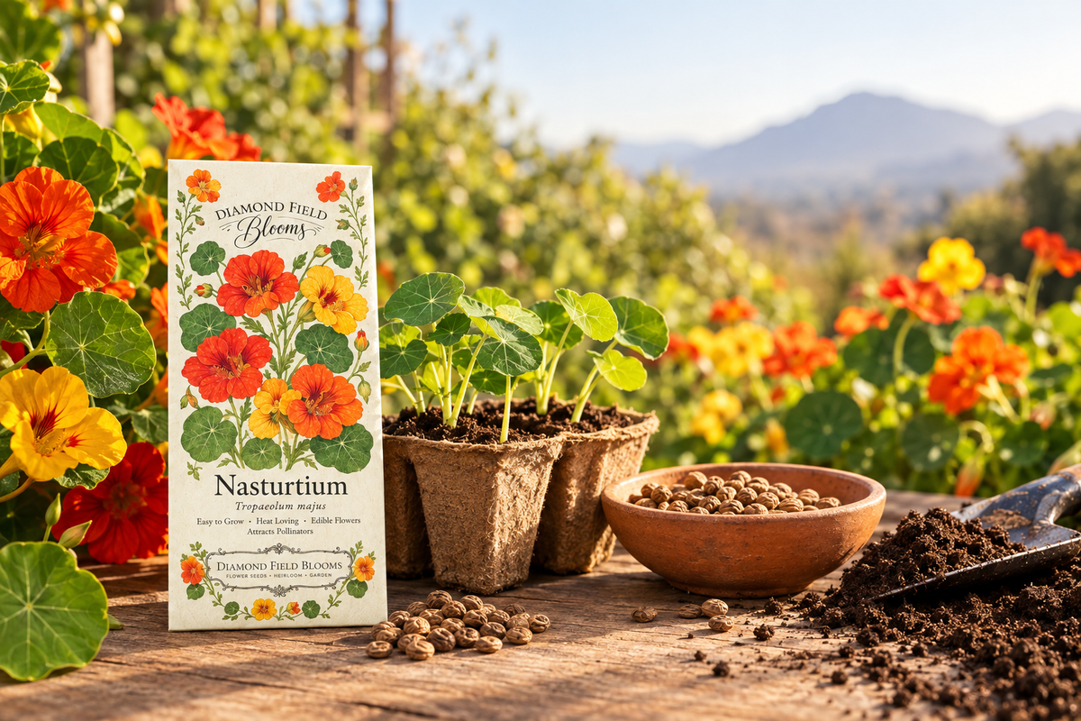 Diamond Field Blooms Nasturtium seed packet beside young seedlings, garden soil, and colourful orange, red, and yellow nasturtium flowers