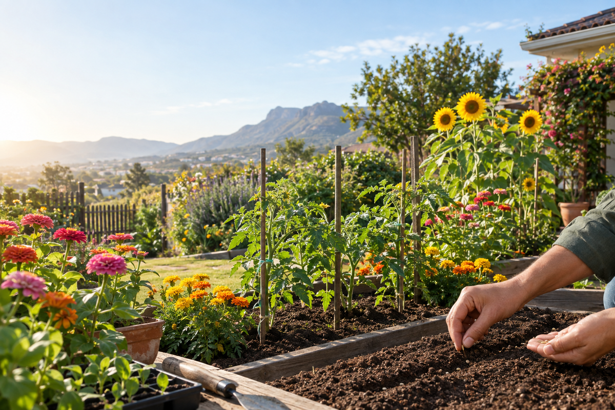 Gardener sowing seeds beside young tomato plants, zinnias, marigolds and sunflowers in a sunlit South African spring garden.