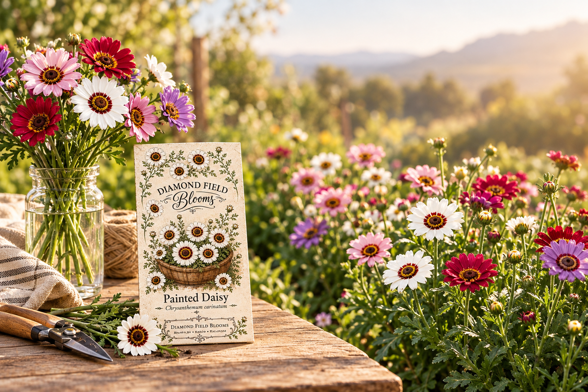 Diamond Field Blooms Painted Daisy Seeds packet beside colourful painted daisies and freshly cut stems in a vase in a sunny South African cutting garden.
