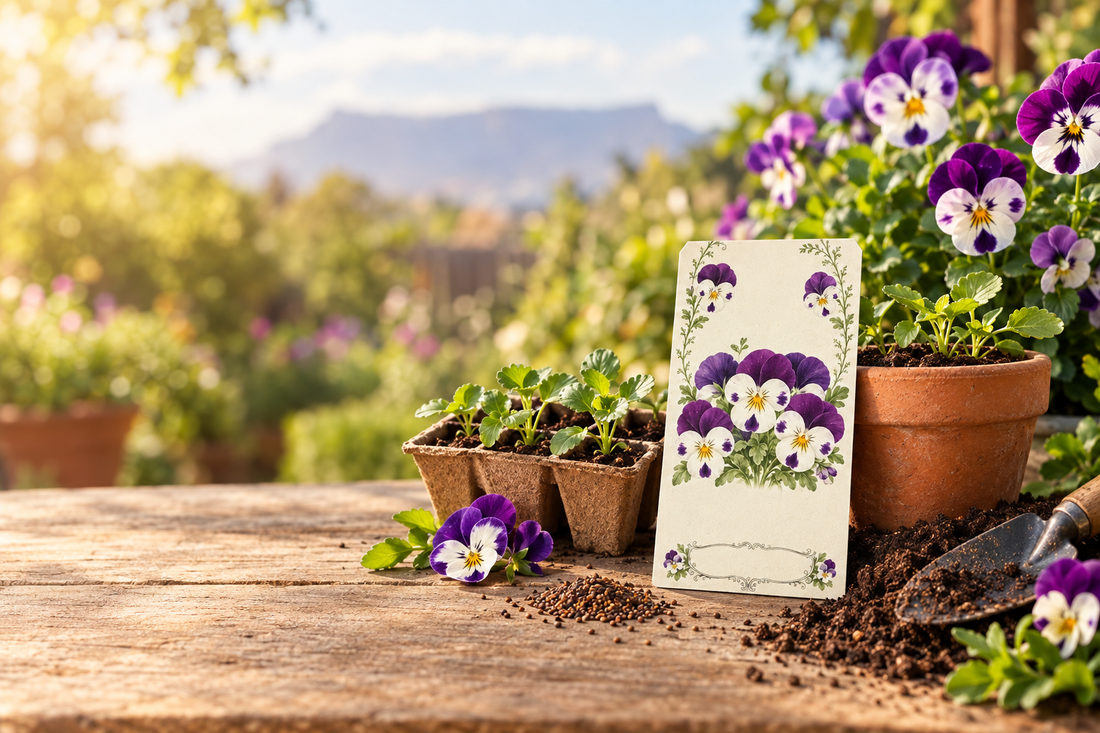 Pansy seed packet beside young seedlings, a terracotta pot, garden soil, and blooming purple and white pansies