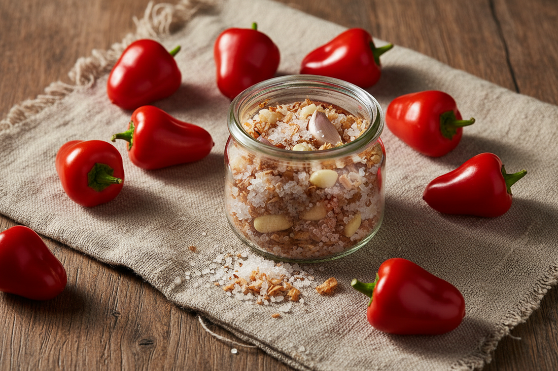 Fresh red peppadew peppers and Diamond Field Blooms Peppadew, Garlic & Onion Gourmet Salt on a linen cloth — growing and cooking with peppadew