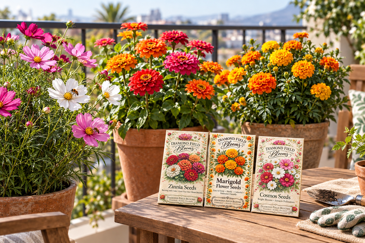 Bee visiting flowers in a sunny balcony garden of potted zinnias and marigolds, with seed packets nearby.