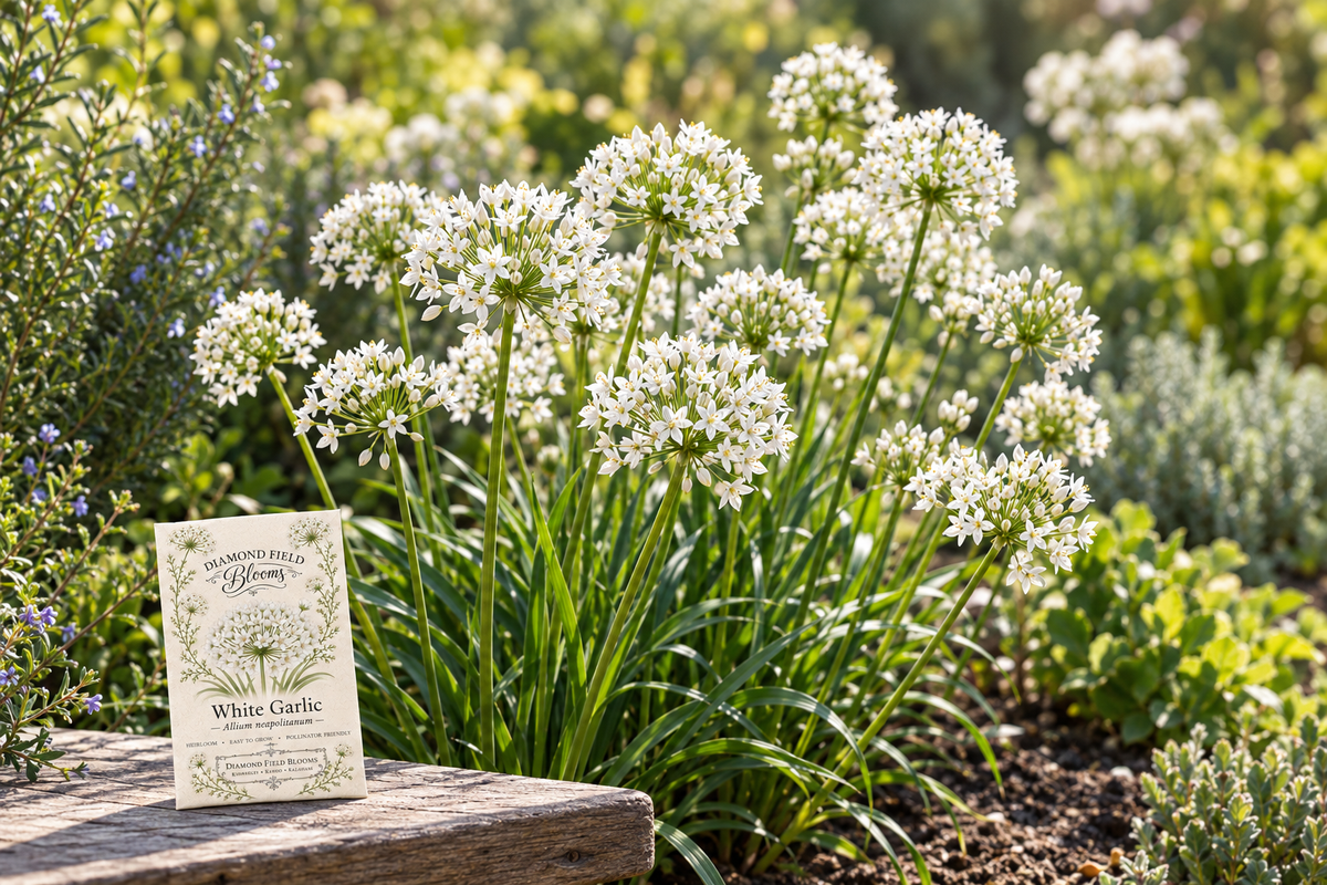 White Garlic Flower seed packet beside a seed tray, with clusters of small white allium flowers blooming in a sunny garden.