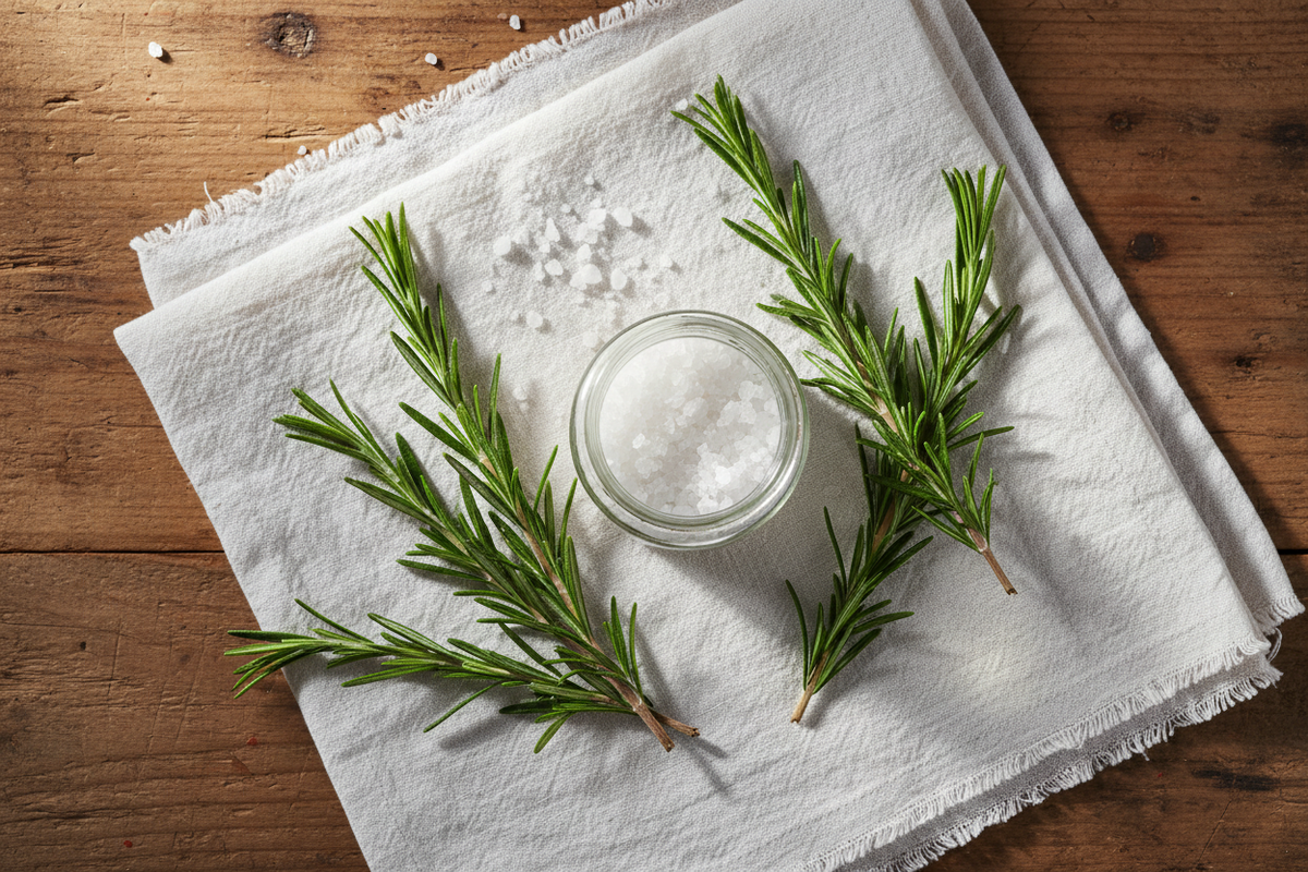 Fresh rosemary sprigs and Diamond Field Blooms Rosemary Gourmet Salt on a white linen cloth — growing and cooking with rosemary