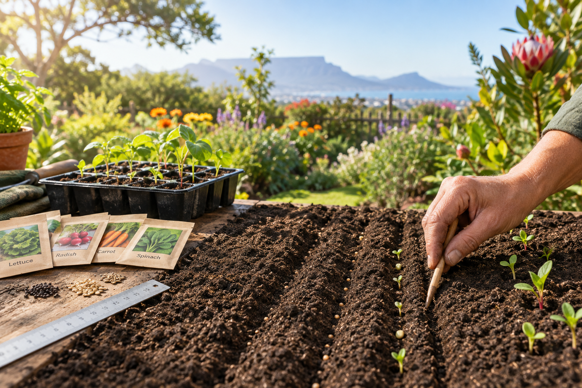 Gardener’s hand making measured furrows in fine soil beside labelled seeds, a ruler, seed tray, and emerging seedlings in a South African garden.