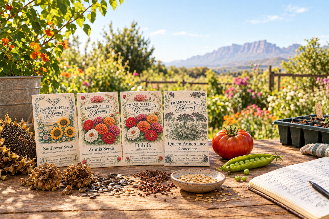 Diamond Field Blooms Sunflower, Zinnia, Dahlia, and Chocolate Queen Anne’s Lace seed packets beside saved seeds, dried seed heads, a ripe tomato, and a pea pod on a sunny garden table.
