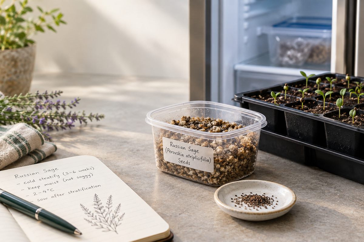 Labelled Russian sage seeds in damp vermiculite beside a seed tray with emerging seedlings and gardening notes