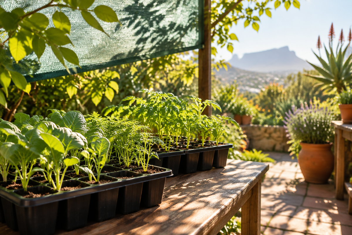  Healthy young seedlings in trays receiving bright filtered morning light beneath breathable shade cloth in a sunny South African garden.