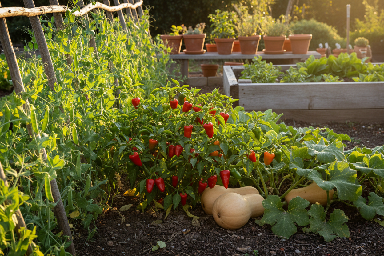Lush South African edible garden with garden peas, Peppadew peppers and butternut squash growing in warm sunlight — Diamond Field Blooms