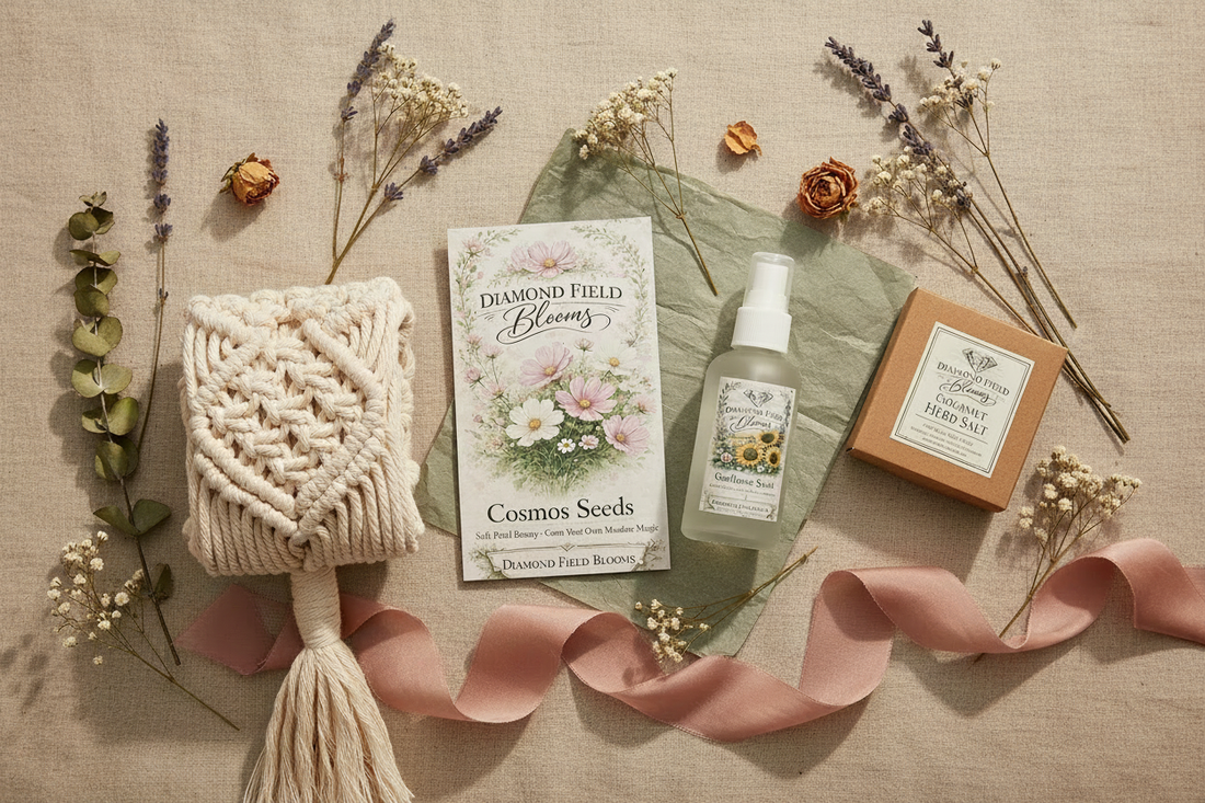 Diamond Field Blooms spring garden gift flat lay — seed packets, macramé plant hanger, rose scented linen spray and gourmet salt gift box on natural linen with dried botanicals