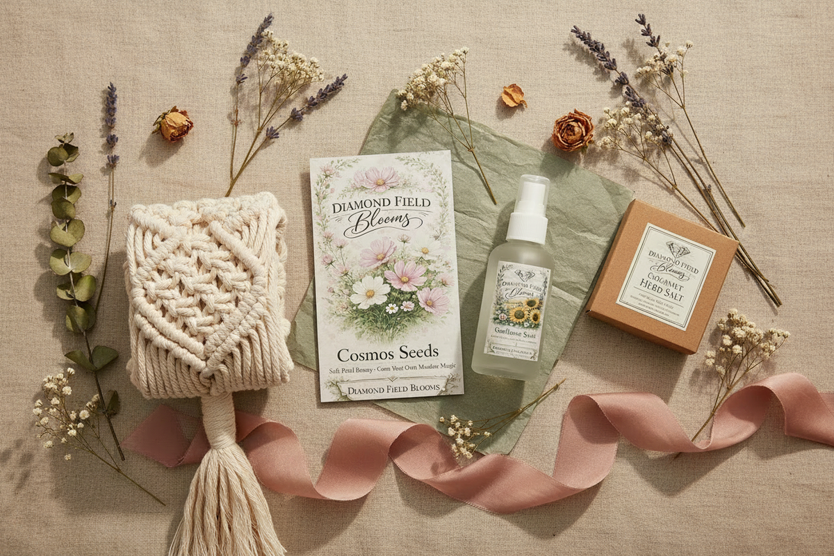 Diamond Field Blooms spring garden gift flat lay — seed packets, macramé plant hanger, rose scented linen spray and gourmet salt gift box on natural linen with dried botanicals