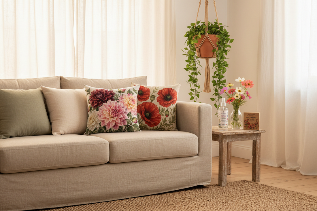 A bright spring living room corner with a linen sofa styled with Diamond Field Blooms poppy and dahlia print cushions, Wildflower Linen Mist and fresh cosmos on a timber side table, and a macramé plant hanger with trailing greenery in warm morning light