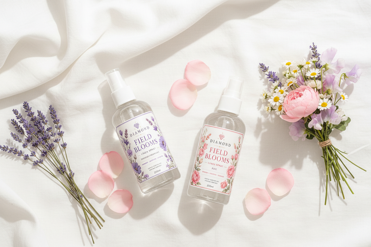 Diamond Field Blooms lavender linen mist and rose scented linen spray with fresh lavender sprigs, rose petals and spring blooms on white linen — spring home fragrance South Africa