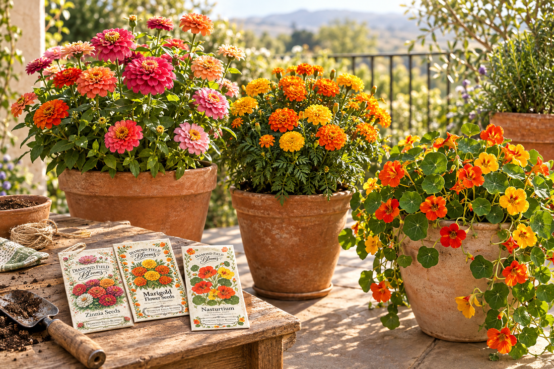 Potted zinnias, marigolds and trailing nasturtiums on a sunny patio, with their seed packets on a nearby table.