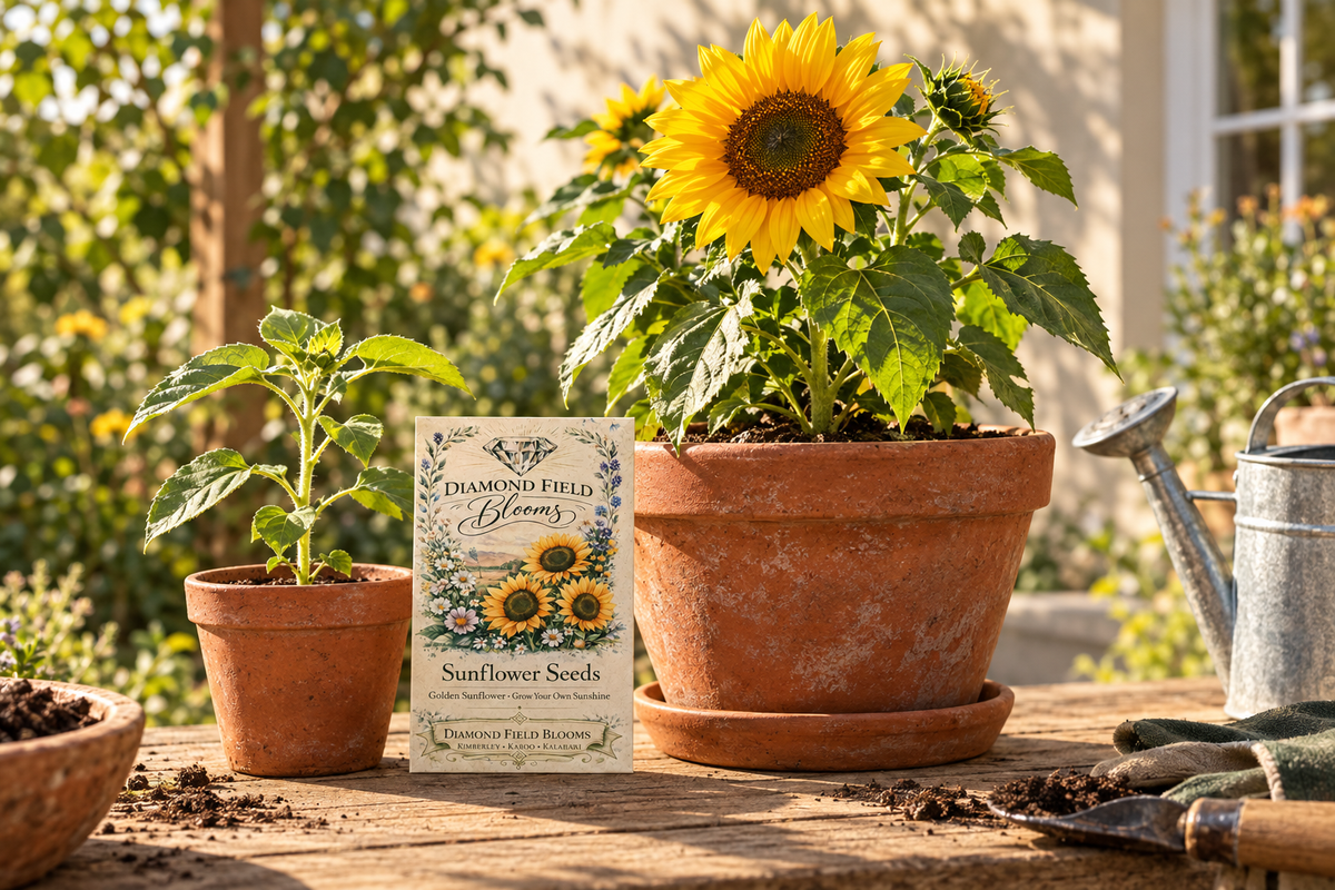 Flowering sunflower in a large terracotta pot on a sunny patio, with a young sunflower pot and seed packet nearby.
