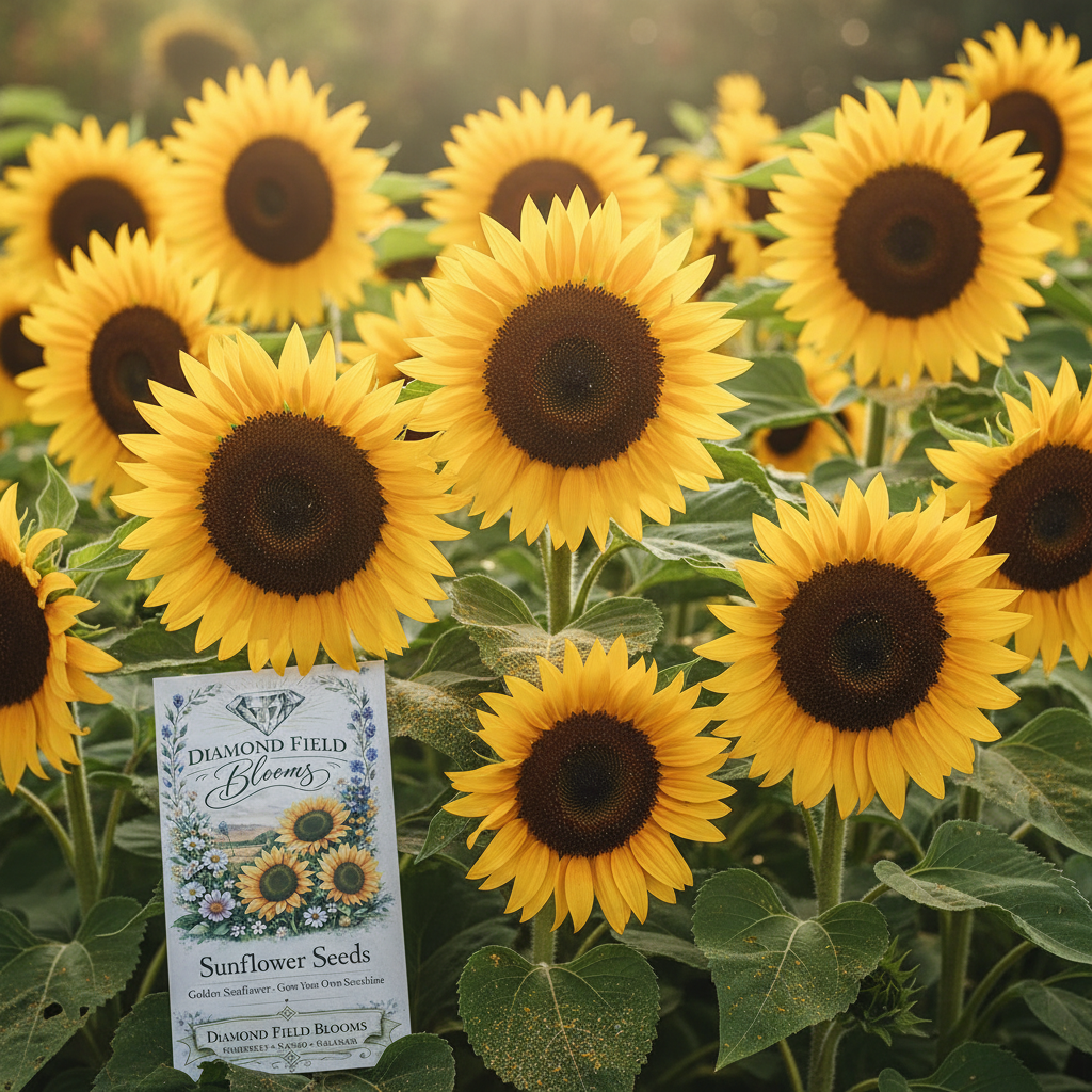 Tall heirloom sunflowers in full bloom growing in a South African garden with a rustic natural backdrop