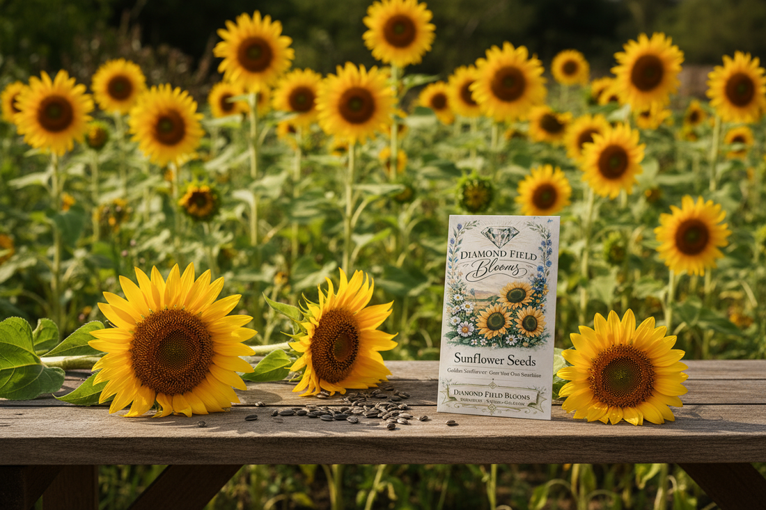 Diamond Field Blooms Heirloom Sunflower Seeds packet with golden sunflowers and scattered seeds on a rustic wooden surface