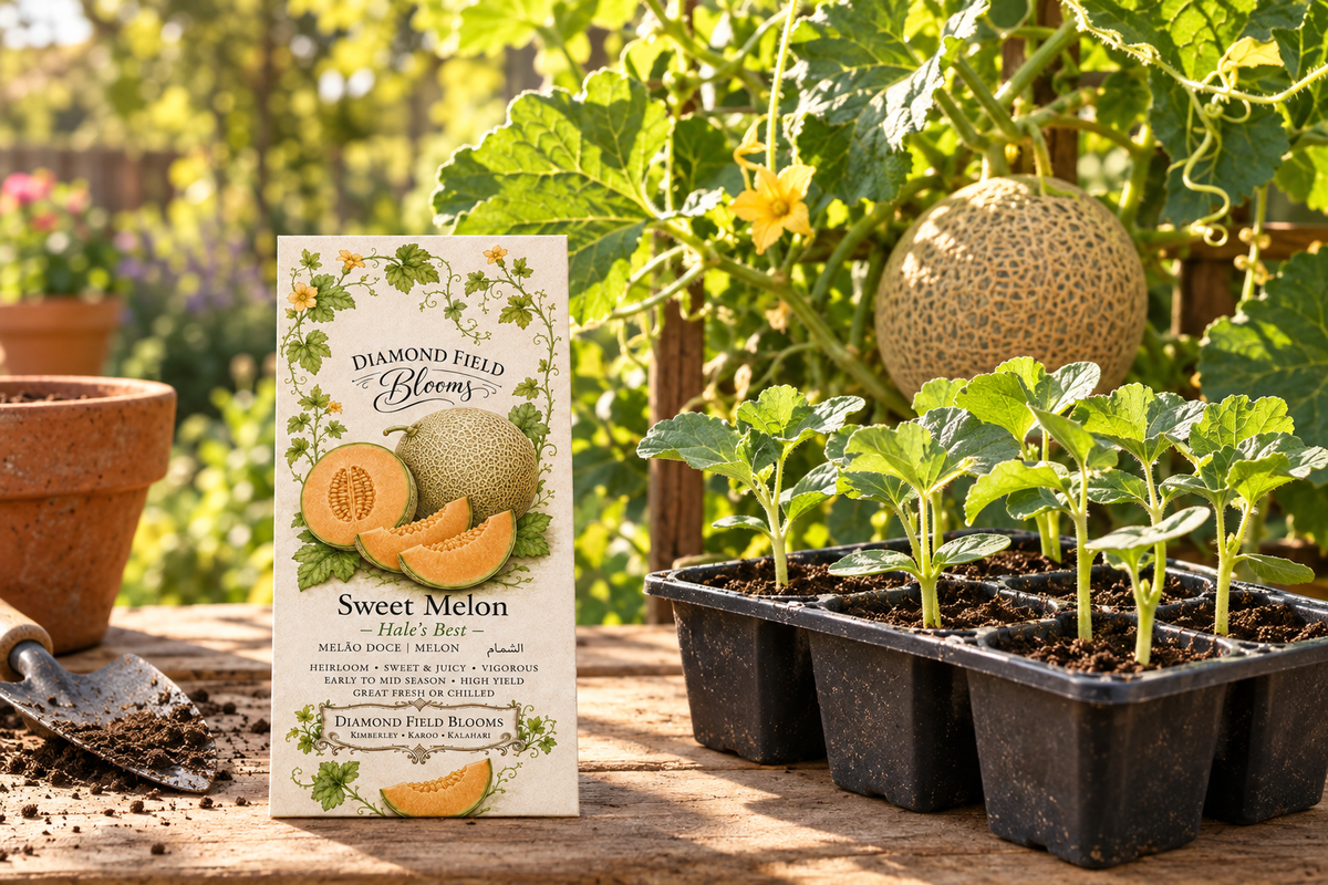 Sweet Melon Seeds packet beside young melon seedlings, with a melon growing on a vine in a sunlit garden.
