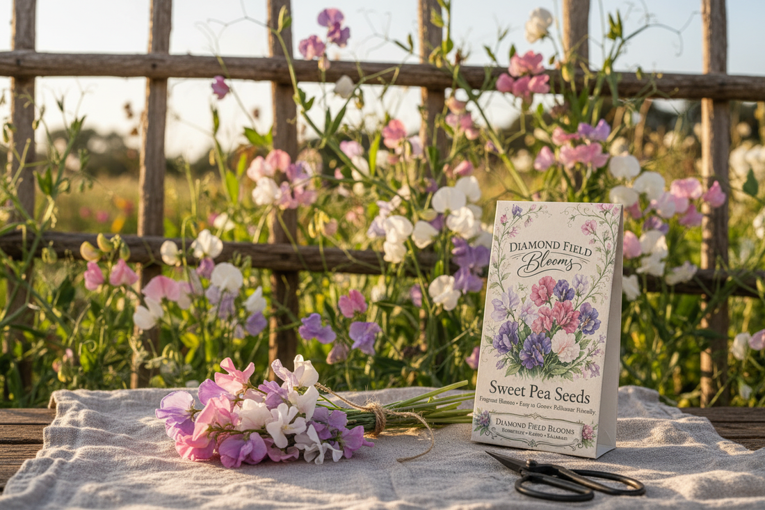 Diamond Field Blooms Sweet Pea Seeds packet with fragrant pink, purple and white sweet pea flowers on a rustic wooden surface