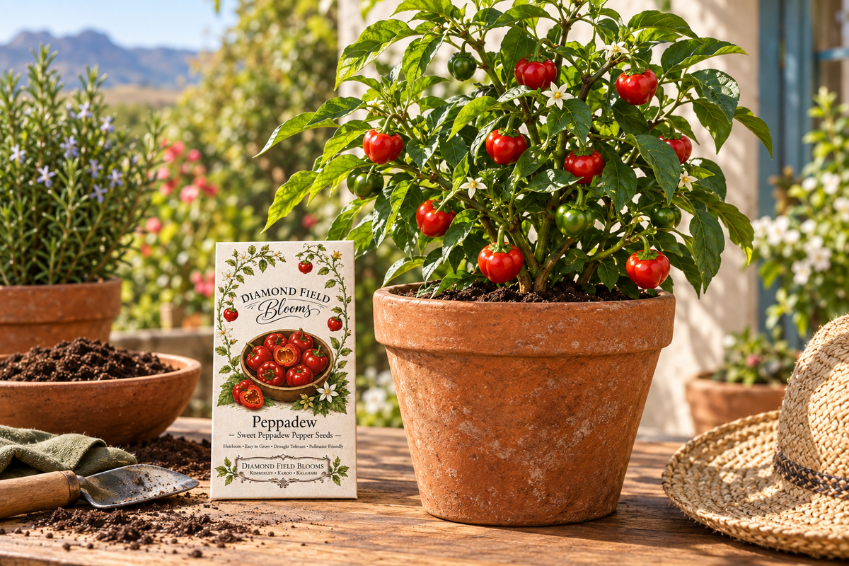 Sweet piquanté pepper plant with small red and green peppers growing in a patio pot, with a seed packet nearby.