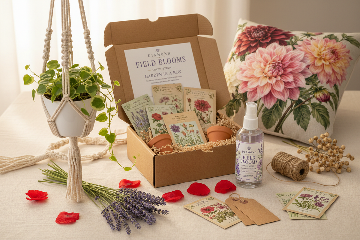 Diamond Field Blooms botanical gift flat lay featuring the Garden in a Box kit, Lavender Linen Mist, geometric macramé plant hanger, dahlia scatter pillow and seed packets styled with lavender sprigs and poppy petals on cream linen