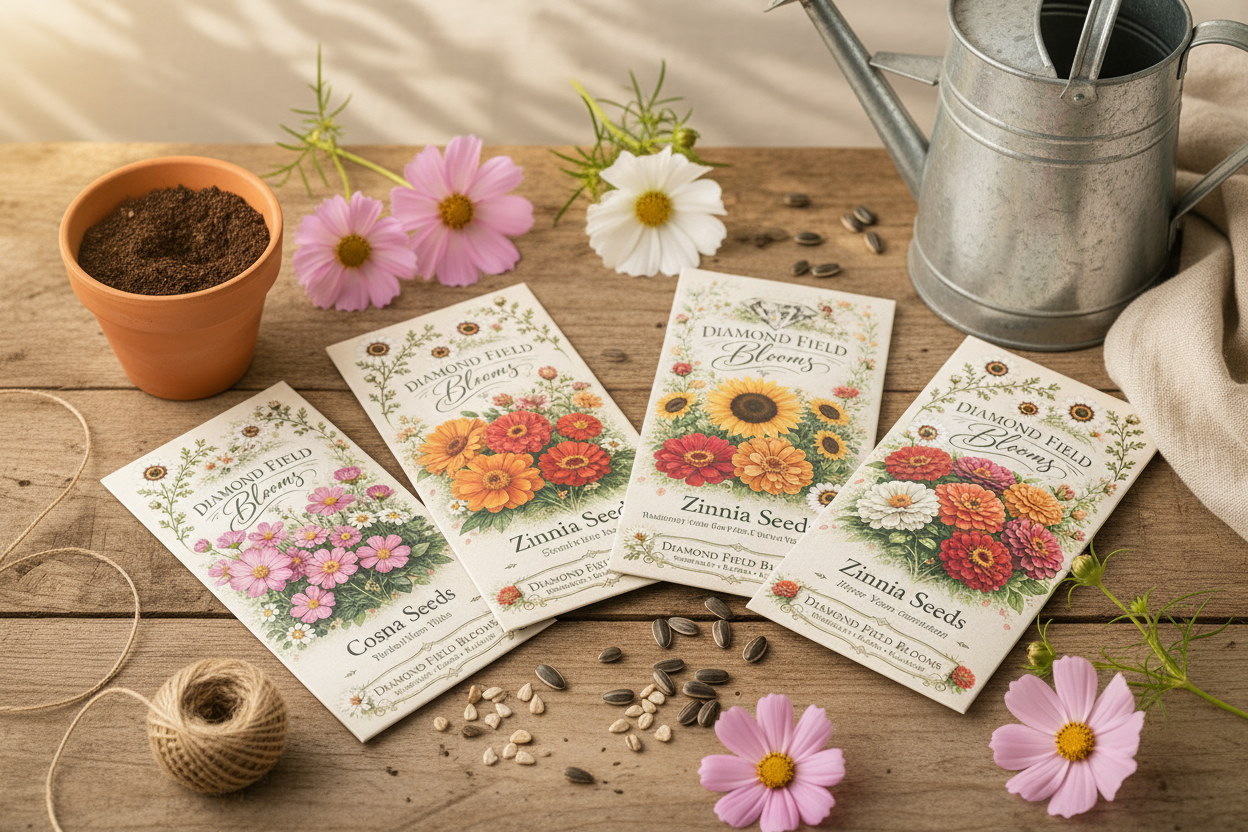 Diamond Field Blooms seed packets — Cosmos, Painted Daisy, Zinnia and Sunflower — arranged in an editorial flat lay with fresh spring flowers, scattered seeds, terracotta pot and garden twine on a wooden surface
