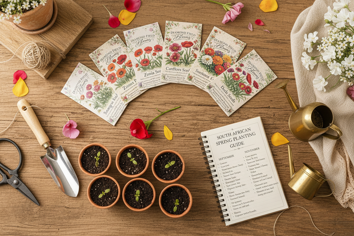 Diamond Field Blooms seed packets arranged on a rustic potting bench with seedling pots, a spring planting calendar notebook, garden trowel, and fresh spring blooms in warm golden light