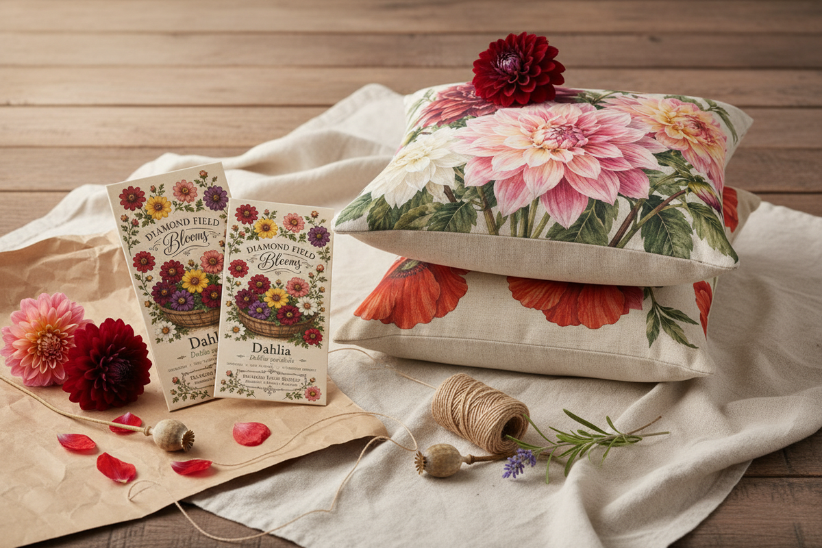 Diamond Field Blooms Dahlia and Red Poppy seed packets styled with botanical scatter pillow covers in a premium gift flat lay with fresh blooms, kraft paper and garden twine on a cream linen cloth