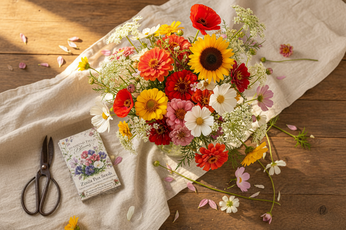 A just-picked cutting garden bouquet of zinnias, cosmos, sunflower, red poppies, white Queen Anne's lace and helichrysum in a glass jar on a wooden potting bench with vintage garden scissors and a Diamond Field Blooms zinnia seed packet