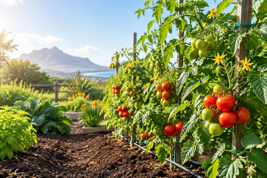 Healthy tomato plants trained on sturdy supports with green and ripe red tomatoes, yellow flowers, and rich soil in a sunny South African vegetable garden.⠋