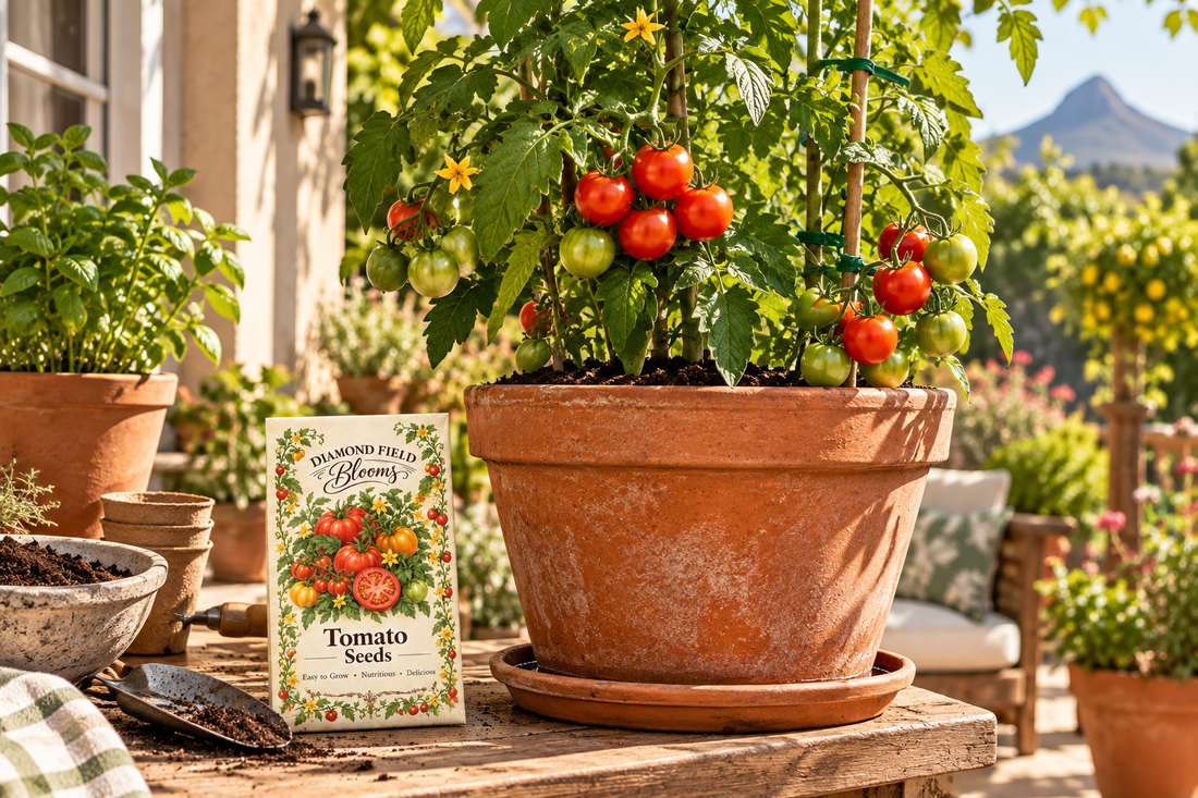 Supported tomato plant with green and ripe red tomatoes in a large patio pot, with a Tomato Seeds packet nearby.