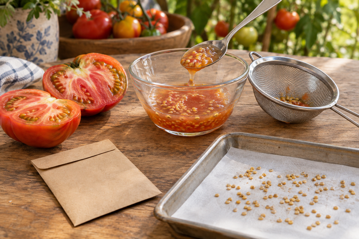 Ripe tomato cut open beside a bowl of seeds, a sieve, drying seeds and a seed envelope on a worktable.