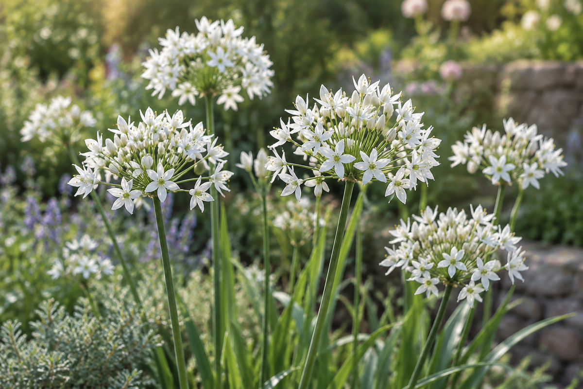 Clusters of small white garlic flowers on slender stems in a sunny garden border.