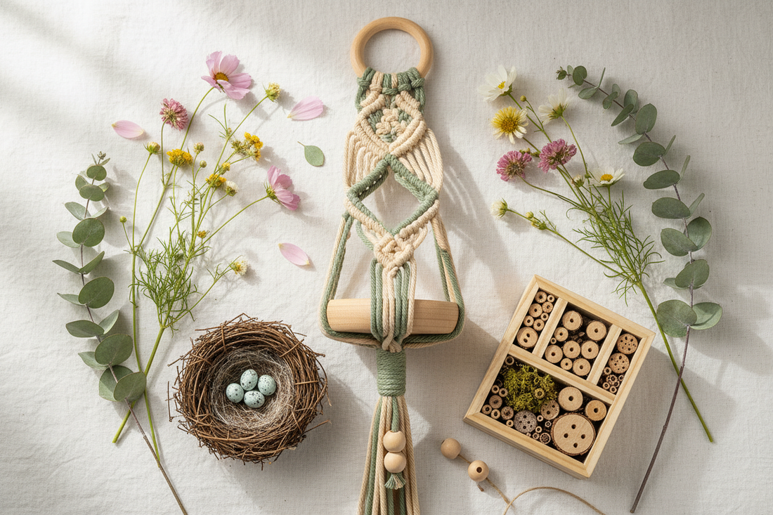 Macramé plant hanger, woven bird nest and bug hotel styled with dried wildflowers on a linen surface — wildlife-friendly garden décor by Diamond Field Blooms