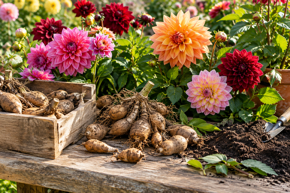 Dahlia bulbs and colourful flowers in a sunny garden