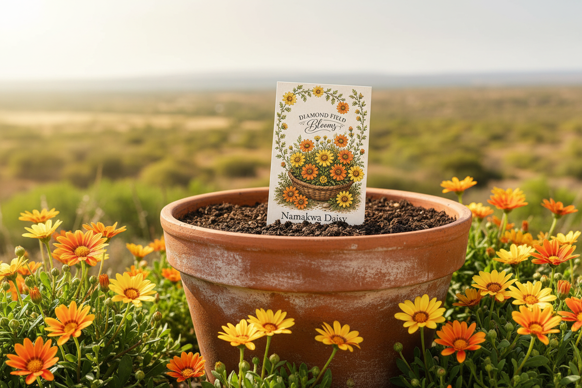 Diamond Field Blooms Namakwa Daisy seed packet in a terracotta pot among blooming Dimorphotheca sinuata daisies in a sunny garden