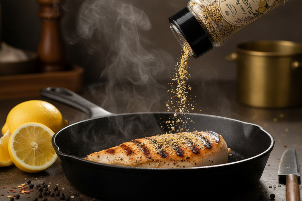 Grilled chicken breast in a black cast iron skillet with steam rising, while Diamond Field Blooms Lemon Pepper seasoning are being poured over it. 